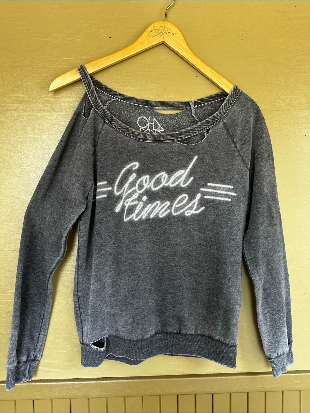 Chaser Distressed Off Shoulder “Good Times” graphic Sweatshirt XS
